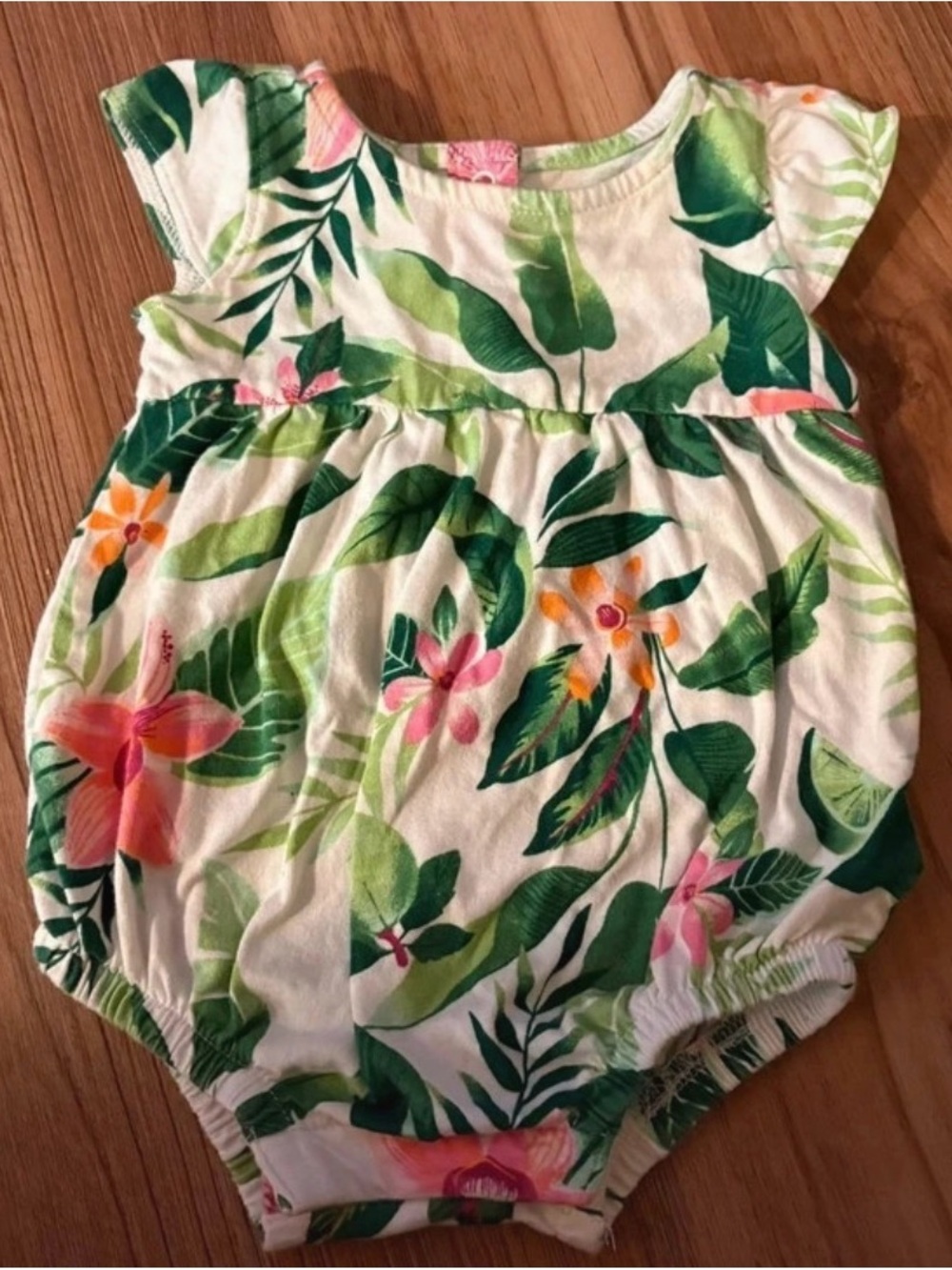 Old Navy White Floral Tropical Baby One-Piece Romper with Green Leaves